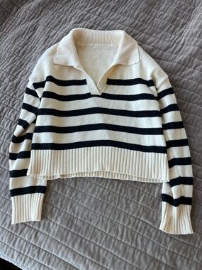 Cider Cream & Black Cropped Striped V‑Neck Collared Sweater